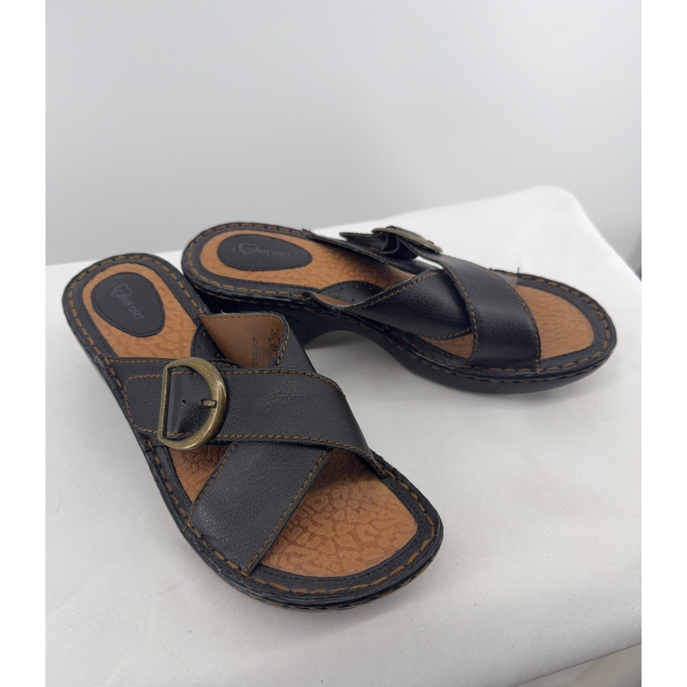 Brown Slide Sandals Buckle Strap Cushioned Footbed Womens I Love Comfort 8.5